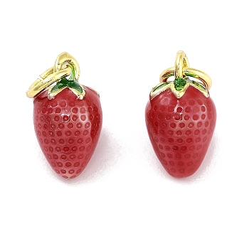 Rack Plating Brass Enamel Charms, with Jump Rings, Real 18K Gold Plated, Cadmium Free & Lead Free, Long-Lasting Plated, Strawberry Charm, Red, 12x6.5x6.5mm, Hole: 3mm