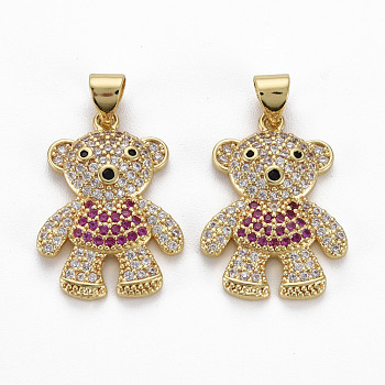 Brass Micro Pave Cubic Zirconia Pendants, Nickel Free, Bear, Real 16K Gold Plated, 23x16x3.5mm, Hole: 3x5mm