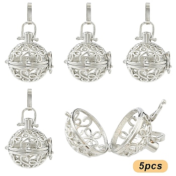 5Pcs Eco-Friendly Hollow Brass Round Cage Pendants, Cadmium Free & Lead Free & Nickel Free, Platinum, 26x25.8x21mm, Hole: 9x4mm, inner: 20mm