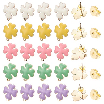SUNNYCLUE 40Pcs 6 Style Iron Enamel Stud Earring Findings, with Raw(Unplated) Pin and Loop, Clover, Light Gold, Brass Ear Nuts, Mixed Color, 16x13.5x2.5mm, Hole: 1mm, Pin: 1mm, 5 Color, 4pcs/color
