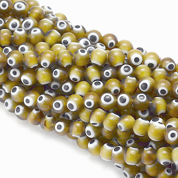 Handmade Evil Eye Lampwork Round Bead Strands, Olive, 8mm, Hole: 1mm, about 49pcs/strand, 14.17 inch
