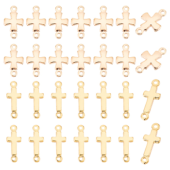 BENECREAT 32pcs 2 styles Brass Connector Charms, Religion Cross Links, Real 18K Gold Plated, 12~14x5~7x1.5~2mm, Hole: 0.8~1mm, 16pcs/style