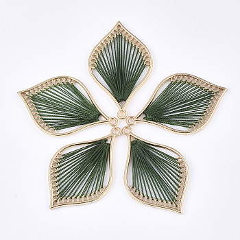 Cotton Thread Woven Pendants, with Alloy Findings, Leaf, Golden, Dark Green, 43x26.5x2mm, Hole: 1.8mm