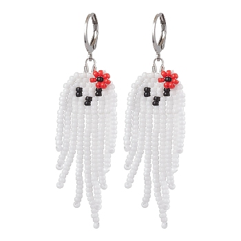 Halloween Woven MIYUKI Seed Beads Ghost Hoop Earrings, 304 Stainless Steel Leverback Earrings for Women, Red, 65x19mm