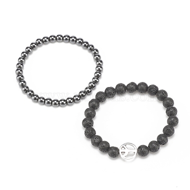 2Pcs 2 Style Natural Lava Rock & Synthetic Hematite Round Beaded Stretch Bracelets Set with Alloy Peace Sign(BJEW-JB08311)-4