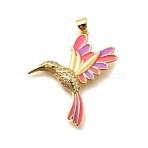 Rack Plating Brass Micro Pave Cubic Zirconia Enamel Pendants, Hummingbird Charms, Long-Lasting Plated, Lead Free & Cadmium Free, Real 18K Gold Plated, Deep Pink & Clear, 36x31x4mm, Hole: 5x3mm(KK-L226-002G-01)