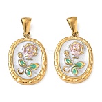 304 Stainless Steel Enamel Pendants, Nuggets with Flower Charmss, with ABS Imitation Pearl, Ion Plating(IP), Long-Lasting Plated, Golden, Golden, 23x15x3.5mm, Hole: 2.5x6mm(AL-CBA618D-01G-B)
