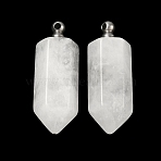 Natural Quartz Crystal Perfume Bottle Pendants, Rock Crystal Faceted Bullet Bottle Charms with 304 Stainless Steel Screw Bails, Stainless Steel Color, 42~44x16~16.5x14~14.5mm, Hole: 2.5mm(G-H332-09P-01)