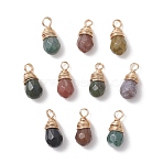 Copper Wire Wrapped Natural Indian Agate Faceted Teardrop Charms, Golden, 14~14.5x6.5mm, Hole: 2.5mm(PALLOY-JF04948)