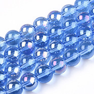 Electroplate Transparent Glass Beads Strands, AB Color Plated, Round, Royal Blue, 8~8.5mm, Hole: 1.5mm, about 51~53pcs/strand, 14.96 inch~15.55 inch(38~39.7cm)(GLAA-T032-T8mm-AB04)