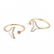 Brass Peg Bails Cuff Finger Ring Settings, for Half Drilled Bead, with Shell, Nickel Free, Mermaid Fishtail, Real 18K Gold Plated, US Size 6 3/4(17.1mm), Pin: 0.7mm(for Half Drilled Bead)(X-KK-S354-288-NF)