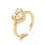 Clear Cubic Zirconia Heart Open Cuff Ring, Brass Jewelry for Women, Cadmium Free & Lead Free, Real 18K Gold Plated, Inner Diameter: 17mm(RJEW-I092-16G)