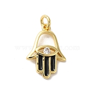 Rack Plating Brass Cubic Zirconia Charms, with Enamel, with Jump Ring, Cadmium Free & Lead Free, Long-Lasting Plated, Hamsa Hand, Real 18K Gold Plated, Black, 14x10.5x2mm, Hole: 1.5mm(KK-G504-18G-01)