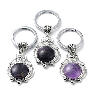 Natural Amethyst Keychain, with Plating Brass Pendant and Iron Rings, Lead Free & Cadmium Free, 6.6cm(KEYC-H019-02P-04)