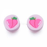 Handmade Polymer Clay Beads, Flat Round with Peach, Hot Pink, 9~10.5x4~4.5mm, Hole: 1.6mm(CLAY-N011-76)