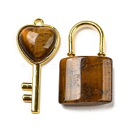 Natural Tiger Eye Pendants, Heart Key & Lock Charms with Golden Plated Alloy Findings, 32.5~38x20~17x6~7mm, Hole: 1.8~2mm, 2pcs/set(G-H308-07G-02)