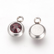 201 Stainless Steel Rhinestone Charms, January Birthstone Charms, Flat Round, Stainless Steel Color, Garnet, 8.5x6x3mm, Hole: 1.5mm(STAS-S068-01)