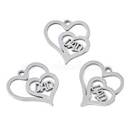 Non-Tarnish 201 Stainless Steel Pendants, Laser Cut, Heart with Word DAD, Stainless Steel Color, 16x14.5x1mm, Hole: 1.4mm(STAS-T044-280P)