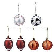 CHGCRAFT 6Pcs Football & Basketball & Baseball & Rugby Plastic Christmas Ball Pendants, with Cyprian Gold Thread, for Party Christmas Tree Ornaments Decoration, Mixed Color, 100~145mm(DIY-CA0003-20)