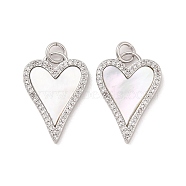 Brass Micro Pave Clear Cubic Zirconia Pendants, with Natural White Shell and Jump Ring, Heart, Platinum, 22x15x2mm, Hole: 3.4x3.5mm(KK-A207-03P)