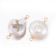 Natural Pearl Links connectors, with Brass Cubic Zirconia Findings, Nuggets with Cross, Golden, Deep Sky Blue, 18~27x11~16x5~12mm, Hole: 1.6~2mm(PEAR-E013-13E)