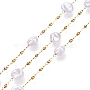 Handmade ABS Plastic Imitation Pearl Beads Chains, for Necklaces Bracelets Making, with 304 Stainless Steel Link Chains, Soldered, with Spool, Real 18K Gold Plated, 7x7x5mm, bead: 2mm in diameter, links: 2x1.5x0.2mm & 2.5x1x0.2mm, interval: 35mm, about 10m/roll(CHS-T006-07G)