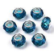 Handmade Glass European Beads, Large Hole Beads, Silver Color Brass Core, Dark Turquoise, 14x8mm, Hole: 5mm(GPDL25Y-77)