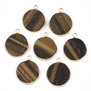 Natural Tiger Eye Pendants, with Brass Findings, Flat Round, Golden, 25~26x21.5x3~4mm, Hole: 2mm(G-S344-56C)