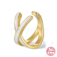 Real 18K Gold Plated 925 Sterling Silver Criss Cross Cuff Earring, with Enamel, White, 13x13mm(PZ2536-6)