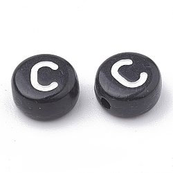 Opaque Acrylic Beads, Horizontal Hole, Alphabet Style, Flat Round, Letter.C, 7x4mm, Hole: 1.5mm, about 370pcs/50g(X-SACR-N002-02C)