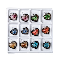 Handmade Gold Sand Lampwork Pendants, Heart, Mixed Color, 40x31x14mm, Hole: 5mm, 12pcs/box(LAMP-S059-2-B)