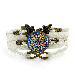 PU Leather Multi-strand Bracelet, Glass Mandala & Alloy Butterfly Links Bracelet for Women, White, 6-3/4 inch(17cm)(MAND-PW0001-40C)