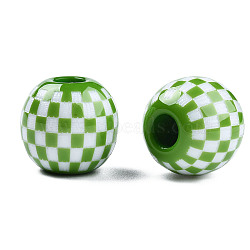 Opaque Resin European Beads, Large Hole Beads, Round with Tartan Pattern, Lime Green, 19.5x18mm, Hole: 6mm(RESI-N022-11-08)