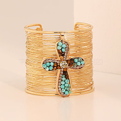 Alloy & Synthetic Turquoise & Natural Tiger Eye Beads Cuff Bangles, Multi-strand Bangles for Women, Cross, Golden, Inner Diameter: 2-3/8 inch(6cm)(FS-WGA88C7-01)