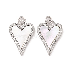 Brass Micro Pave Clear Cubic Zirconia Pendants, with Natural White Shell and Jump Ring, Heart, Platinum, 22x15x2mm, Hole: 3.4x3.5mm(KK-A207-03P)