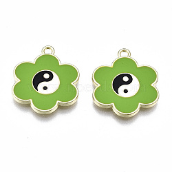 Rack Plating Alloy Enamel Pendants, Cadmium Free & Lead Free, Flower with Yin Yang, Light Gold, Lime Green, 19x16.5x2mm, Hole: 1.5mm(ENAM-T014-01B-RS)