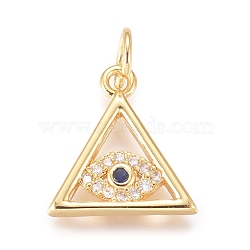 Brass Micro Pave Cubic Zirconia Pendants, with Jump Ring, Cadmium Free & Lead Free, Triangle with Evil Eye, Clear, Golden, 13x12x2mm, Hole: 2.4mm(KK-D156-02G)