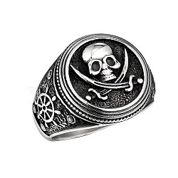 Stainless Steel Signet Rings, Skull, Antique Silver, US Size 9(18.9mm)(PW-WG25000-02)