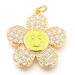 Brass Micro Pave Clear Cubic Zirconia Pendants, with Enamel and Jump Rings, Long-Lasting Plated, Flower with Smiling Face, Real 18K Gold Plated, Yellow, 24x22x3mm, Hole: 3mm(KK-I683-05D)