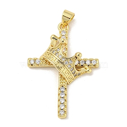 Rack Plating Brass Micro Pave Cubic Zirconia Pendants, Long-Lasting Plated, Lead Free & Cadmium Free, Cross with Crown Charms, Religion, Real 18K Gold Plated, 33.5x23.5x8mm, Hole: 5x3mm(KK-F869-10G)