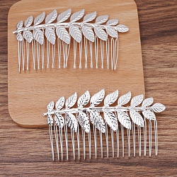 Iron Hair Comb Findings, Leaf, Silver, 32x89mm(OHAR-PW0001-412S)