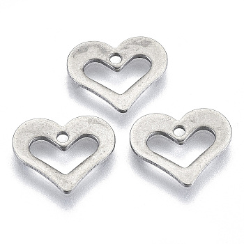 201 Stainless Steel Charms, Laser Cut, Hollow, Heart, Stainless Steel Color, 9x11x0.8mm, Hole: 1.2mm