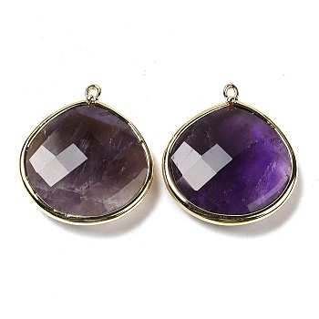 Natural Amethyst Pendants, with Golden Brass Edge, Faceted, Undyed, Teardrop, 28x25x6mm, Hole: 1.6mm