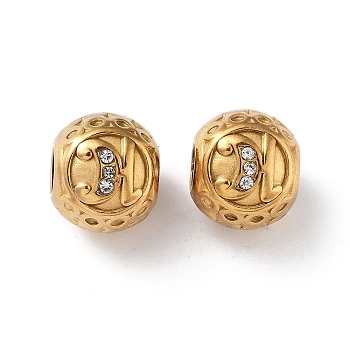 304 Stainless Steel Rhinestone European Beads, Round Large Hole Beads, Real 18K Gold Plated, Round with Letter, Letter H, 11x10mm, Hole: 4mm