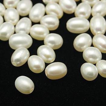 Natural Cultured Freshwater Pearl Beads, Half Drilled Hole, Grade AA, Rice, White, 6.5~7.5x5~5.5mm, Hole: 1mm