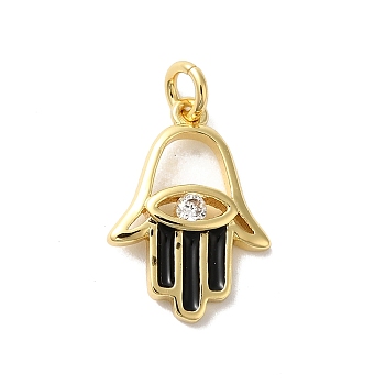 Rack Plating Brass Cubic Zirconia Charms, with Enamel, with Jump Ring, Cadmium Free & Lead Free, Long-Lasting Plated, Hamsa Hand, Real 18K Gold Plated, Black, 14x10.5x2mm, Hole: 1.5mm