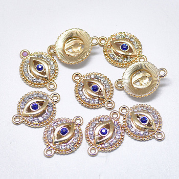 Alloy Links, with Sapphire & Crystal Rhinestone, Flat Round with Eye, Light Gold, 19.5x14x4mm, Hole: 1.5mm