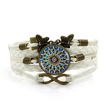PU Leather Multi-strand Bracelet, Glass Mandala & Alloy Butterfly Links Bracelet for Women, White, 6-3/4 inch(17cm)