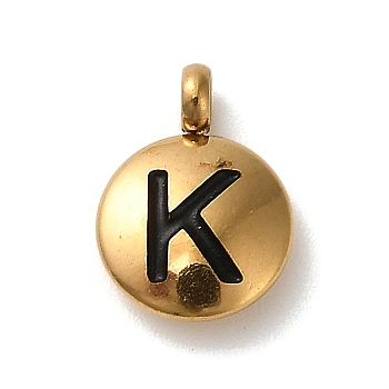 304 Stainless Steel Black Enamel Charms, Golden, Flat Round with Letter Charm, Letter K, 11x8x2.5mm, Hole: 1.8mm