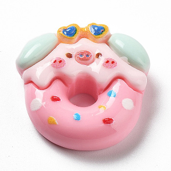 Pig Theme Opaque Resin Cabochons, Cute Pig Food Cabochons for Jewelry Making, Donut, Pearl Pink, 23x24x8mm